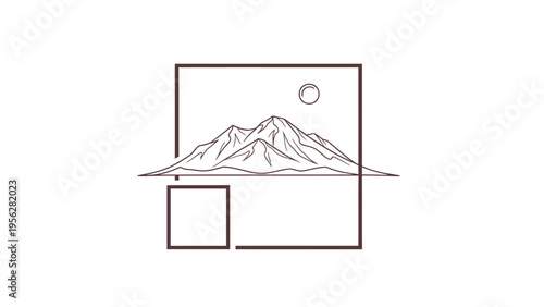 Minimalist line art icon showcasing mountains and sun within a geometric frame, perfect for modern branding and tranquil nature-inspired design aesthetics