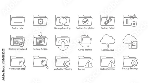 Essential collection of outline icons depicting various data backup, restore, and security operations for digital information management and system protection