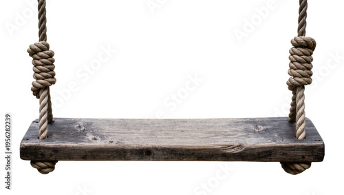 Foto Isolated rustic wooden swing hanging on strong ropes with intricate knots for ou
