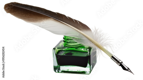 Fotografía Isolated classic writing set with antique quill feather pen and green glass inkw