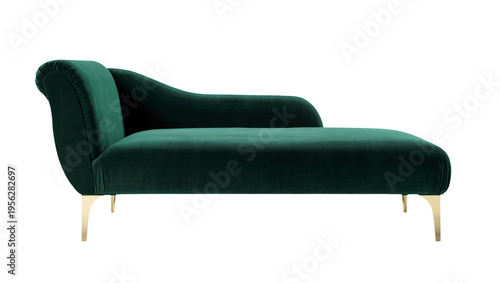 Foto Isolated elegant modern emerald green velvet chaise lounge with golden metal leg