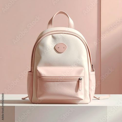 A pink and white backpack on a white table against a pink wall