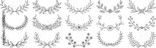 Elegant Botanical Collection: An array of meticulously drawn botanical elements, offering a suite of refined illustrations for design, wedding invitation.