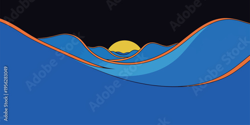 Bright yellow sun rises over blue waves in a digital art scene showcasing a colorful seascape at dawn