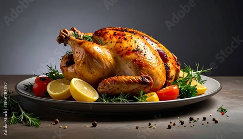 A roasted poultry dish, garnished with fresh herbs, lemons, and tomatoes, sits on a grey plate with a neutral background