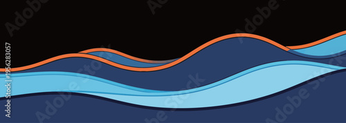 Waves of blue and orange move together under a black sky on a calm night in a creative digital art piece