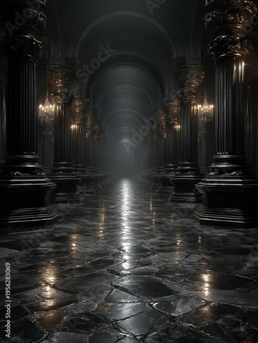 endless corridor of dark stone pillars leads into the distance