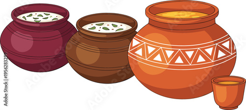 Traditional Clay Pots with Yogurt and Lassi Set Earthenware Containers and Cup Rustic Food Serving Flat Vector Illustration Collection
