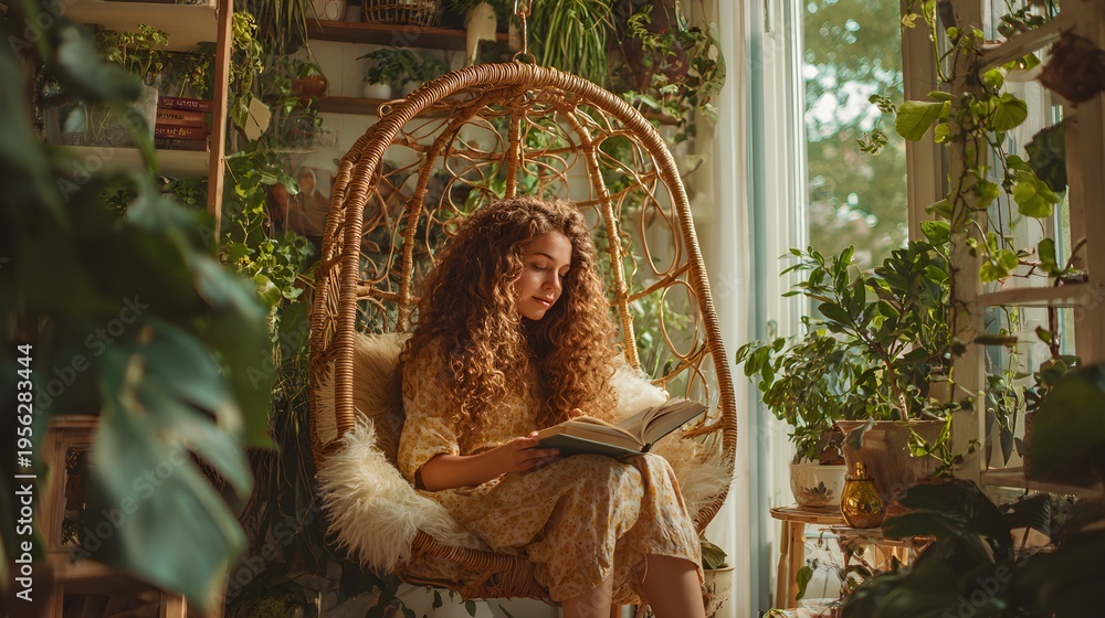 Obraz premium Ukrainian Woman Relaxing in Brass Nest Swing Reading Book Surrounded by Lush Tropical Plants and Flowers Golden Hour Lighting Bohemian Decor