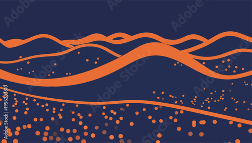 Bright orange lines create a nighttime scene with hills and dots resembling stars on a dark background