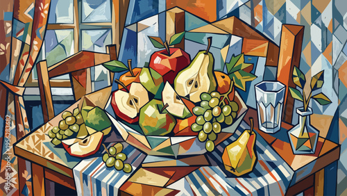 Modern Geometric Still Life Fruit Bowl Art - Vibrant Cubist Dining Decor