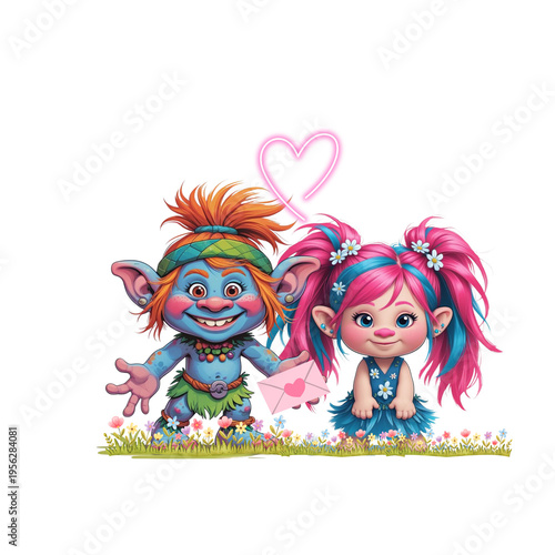 Cute Fantasy Troll Couple with Love Theme Illustration