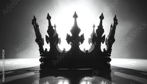 A silhouette of a regal crown with detailed design is positioned in front of a hazy, bright spotlight, casting shadows