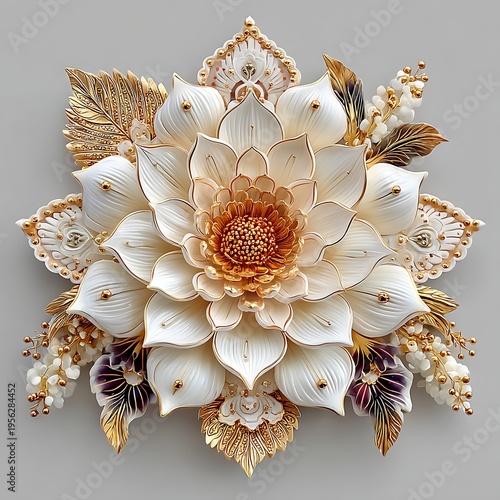 Classic white flower mandala gold decorative art high resolution picture