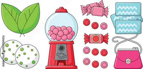 Cute Candy Shop Elements Set with Gumball Machine Leaves Sweets Packaging Purse and Decorative Objects Vector Illustration Collection
