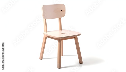 A simple, light-toned wooden chair. It has a flat seat, a backrest, and four legs. It is a minimalist design