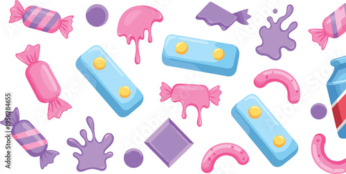 Colorful Candy Collection with Sweet Treats Caramel Gummies Chocolate Bars and Sugar Splash Elements Cute Vector Illustration Set
