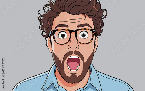 Man shows surprise with open mouth and wide eyes while wearing glasses with a unique pattern in a simple setting