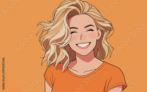 Smiling woman with blonde hair wearing orange shirt against bright orange background