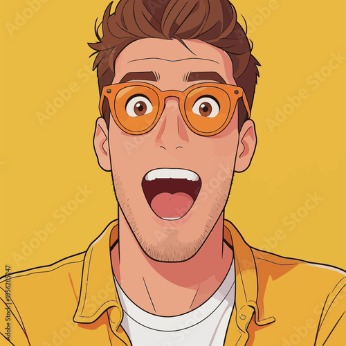 Young man with orange glasses smiles widely against a bright yellow background in an animated style