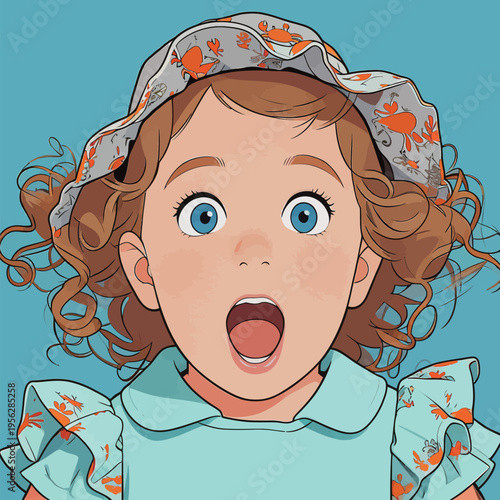 Child with curly hair showing surprise while wearing a hat on a blue background during a bright day