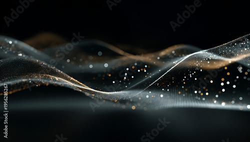 A close-up view presents an abstract composition of softly undulating, light-infused lines with shimmering particles. It has a blurred background