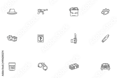 Set of gangster and mafia crime line icons featuring underworld symbols such as weapons, money, gambling, and vintage noir elements isolated on white background