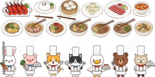 Cute Animal Chefs and Asian Food Collection Featuring Ramen Dumplings Sushi Shrimp and Cartoon Cooking Characters Vector Set