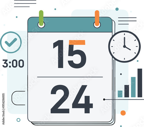 Calendar with numbers, clock showing time, productivity chart, schedule planning icon, time management concept, modern flat vector CAD drawing illustration