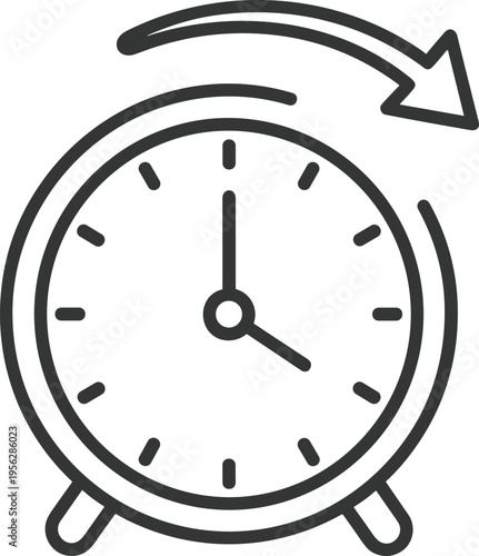 Clock with arrow silhouette, time change symbol, daylight saving vector, forward adjustment illustration, black white minimal design, CAD drawing flat vector illustration