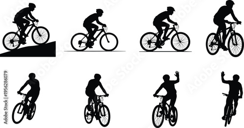 Cyclists riding bicycles silhouettes, helmet safety, uphill downhill biking, flat road cycling, waving turning gestures, dynamic motion vector, black white CAD drawing illustration