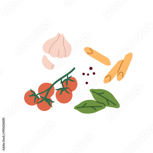 Illustration of pasta ingredients: cherry tomatoes, black pepper, basil, pasta, and garlic.