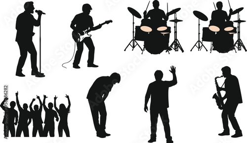 Musicians silhouettes performing live, singer guitarist drummer saxophone, t celebration, dynamic stage performance, black white vector illustration, CAD drawing flat vector illustration