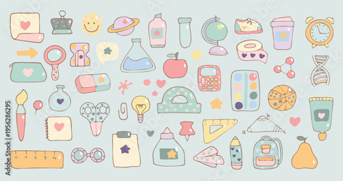 Set of cute pastel hand drawn school and science doodles including stationery, globe, calculator, backpack, DNA, lab flasks and everyday objects. Educational themed illustration in soft colors. Vector