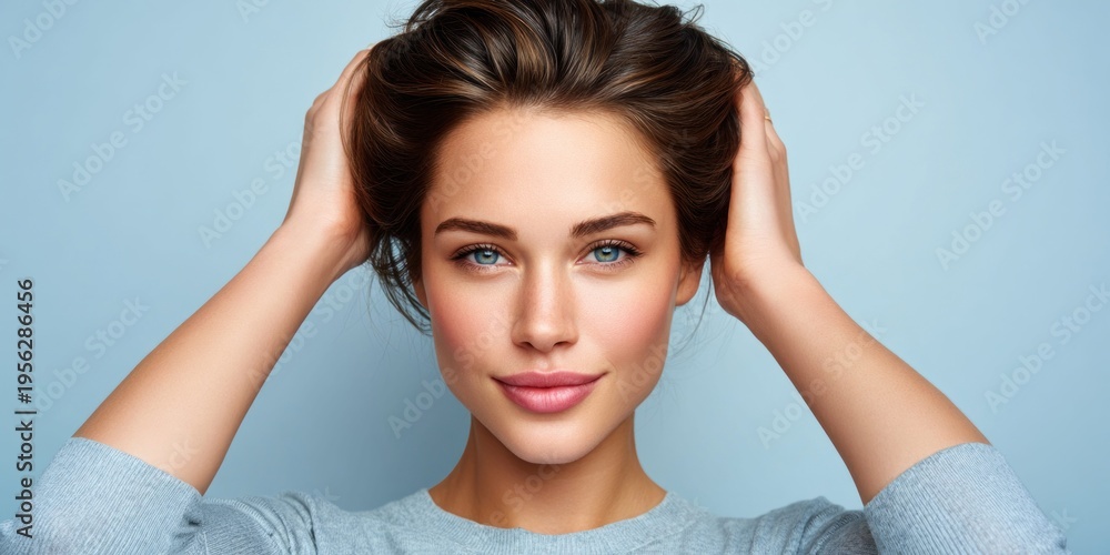 Obraz premium Beautiful young woman with blue eyes and perfect skin touching her hair