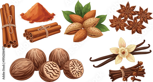 Hand Drawn Spice and Herb Collection Featuring Cinnamon Sticks Star Anise Vanilla Pods Nutmeg Almonds and Powder Ingredients for Culinary Design