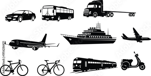 Transportation silhouettes collection, car bus truck, airplane ship train bicycle scooter, travel commuting vehicles, black white vector illustration, CAD drawing flat vector illustration