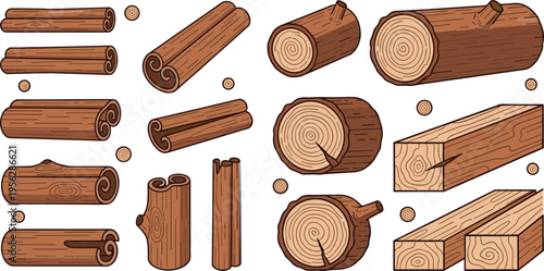 Hand Drawn Wooden Logs and Timber Set Collection Featuring Cut Tree Trunks Lumber Pieces and Natural Wood Elements for Forestry Construction Design