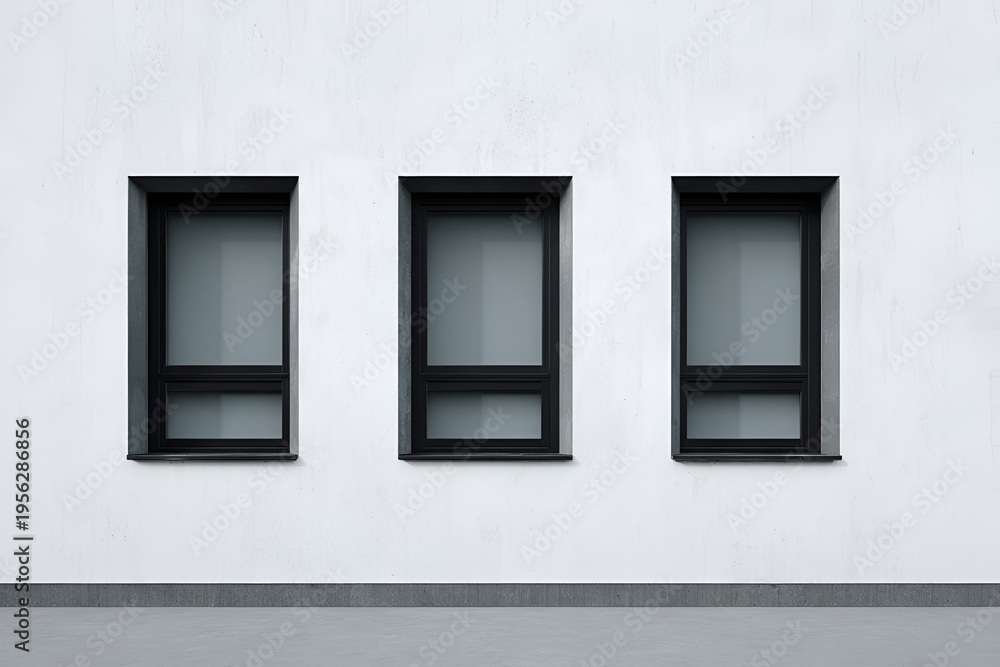 Obraz premium A stark white wall features three identical rectangular windows with dark frames. A gray strip sits beneath the wall