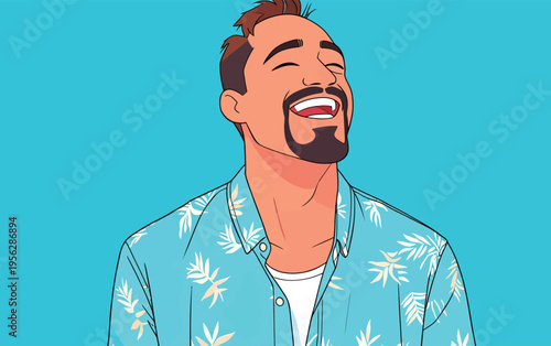 Man smiles while wearing a blue shirt with white leaves against a light blue background in a casual setting during the day
