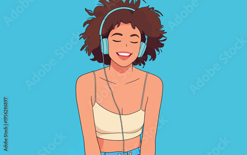 Young woman enjoys music while wearing headphones against a blue background during a casual moment of relaxation