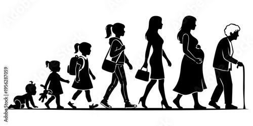Black silhouette illustration showing the various stages of a woman's life from infancy to old age isolated on transparent background, Vector