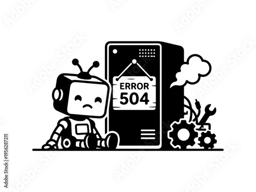 Black and white vector illustration of a sad robot sitting by a smoking server with an Error 504 sign. Ideal for website maintenance, technical issues, and connectivity error pages.