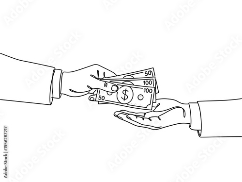 A minimalist black and white line drawing of a business person's hand handing over dollar bills to another person, symbolizing payment, bribery, or a financial transaction.