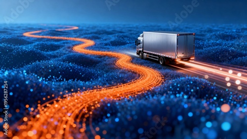 A Silver Truck Navigating a Glowing Orange Path Through a Blue Digital Landscape