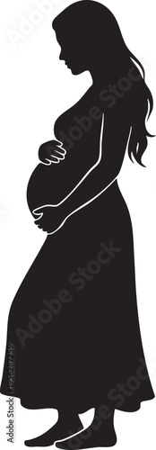 A black silhouette of a pregnant woman standing in profile and holding her baby bump with care isolated on transparent background, Vector