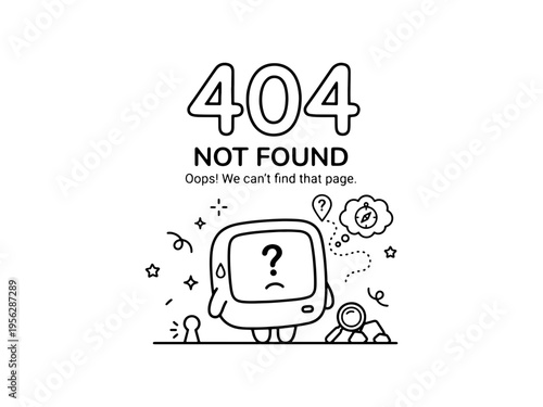 A minimalist line art illustration for a website 404 error page featuring a confused computer monitor character and search icons.