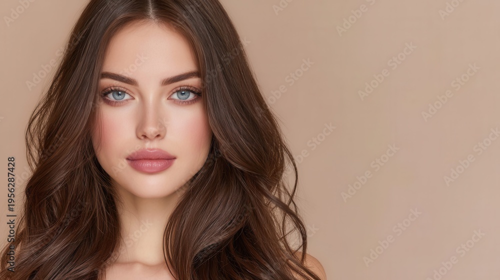 Fototapeta premium Beautiful young woman with long wavy brown hair and striking blue eyes, soft makeup
