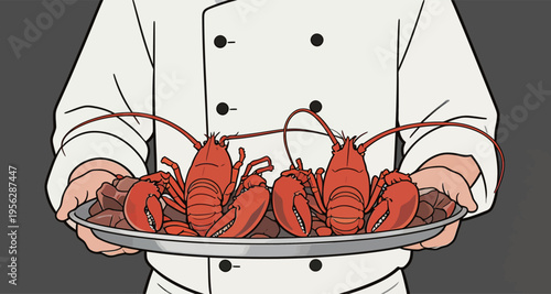 Chef serves fresh lobster on a silver tray at a busy seafood restaurant in the evening