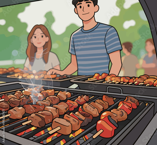 People cook barbecue at a park during a sunny day while enjoying the outdoor atmosphere with friends and family